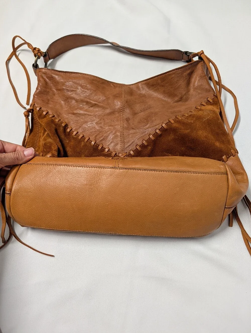 Johnny Was Brown and Tan Leather Suede Fringe Shoulder Bag